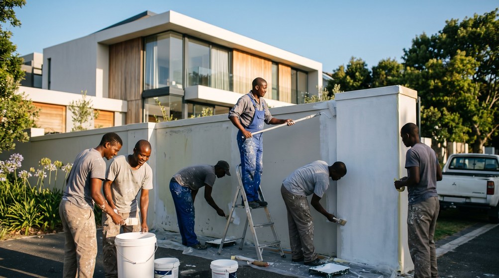 Professional team painting a boundary wall at a modern home in Big Bay