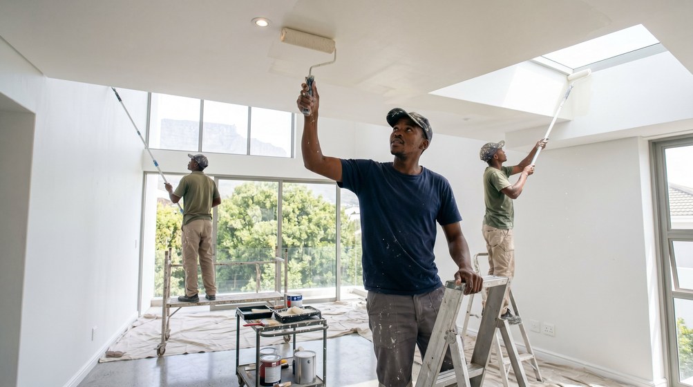 Professional ceiling painters rolling white paint onto a high ceiling in Big Bay