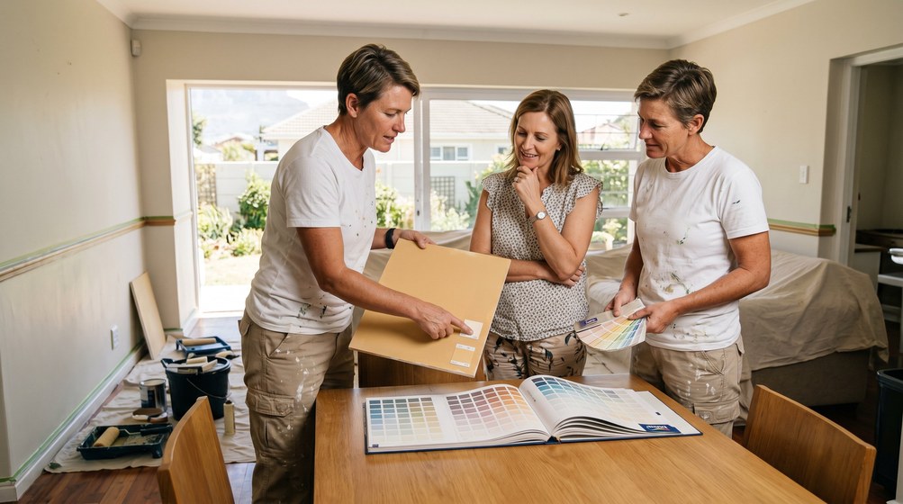Professional colour consultant showing paint swatches to a homeowner in Big Bay