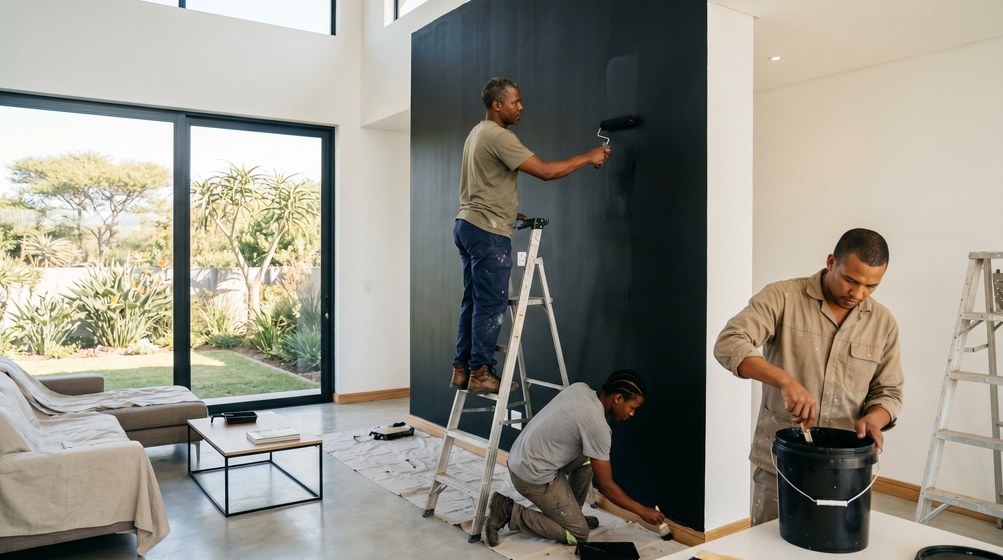 Professional painters creating a bold black feature wall in a modern Big Bay home