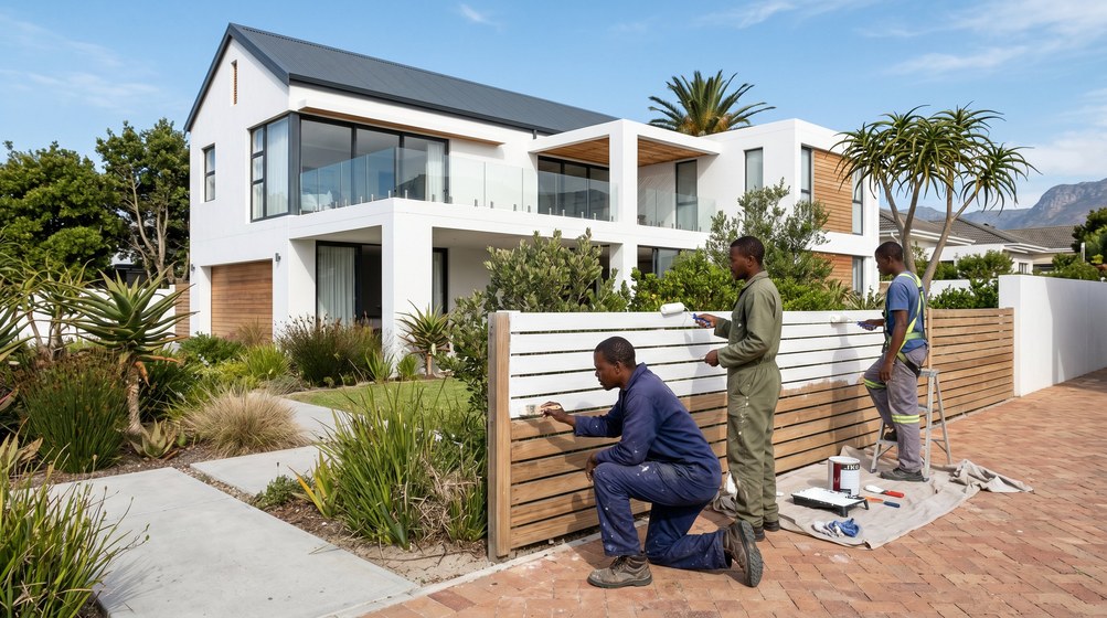 Professional fence painters painting a wooden fence at a coastal home in Big Bay