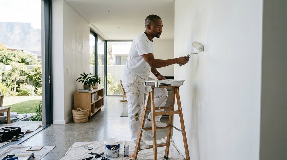 Professional interior painter in Big Bay painting walls with a roller