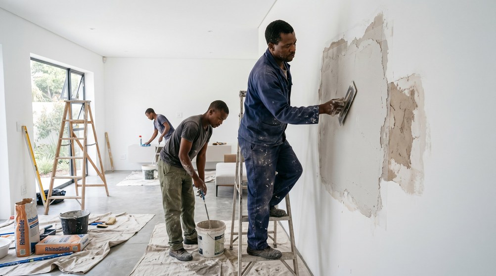 Professional plaster repair team skim coating damaged walls in Big Bay