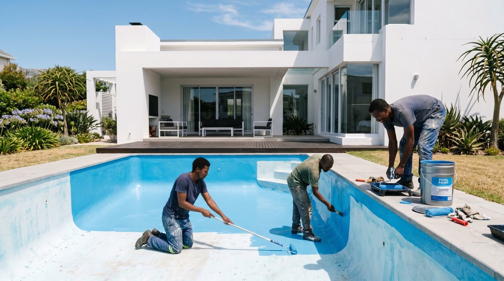 Professional pool painters applying blue pool paint to a swimming pool in Big Bay