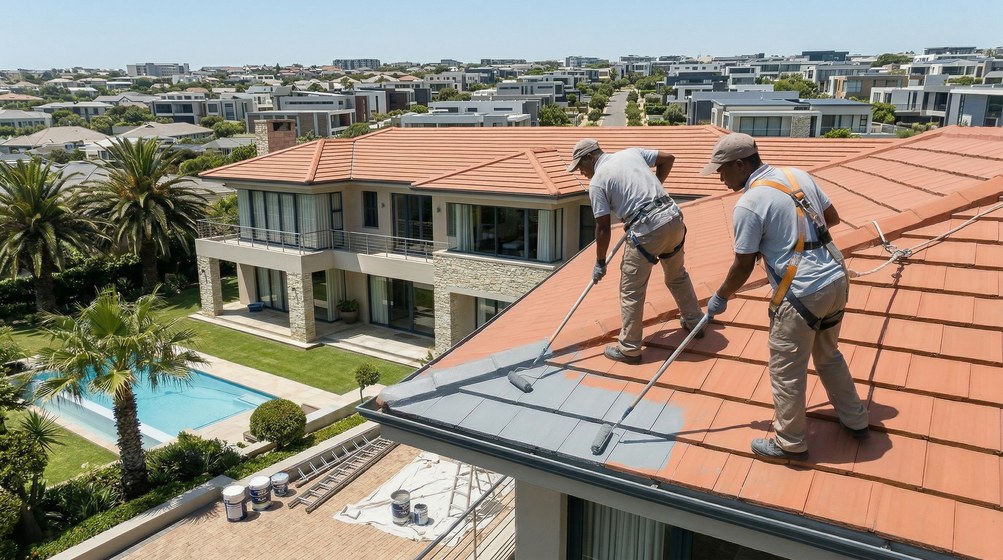 Professional roof painters applying waterproof coating to tiled roof in Big Bay