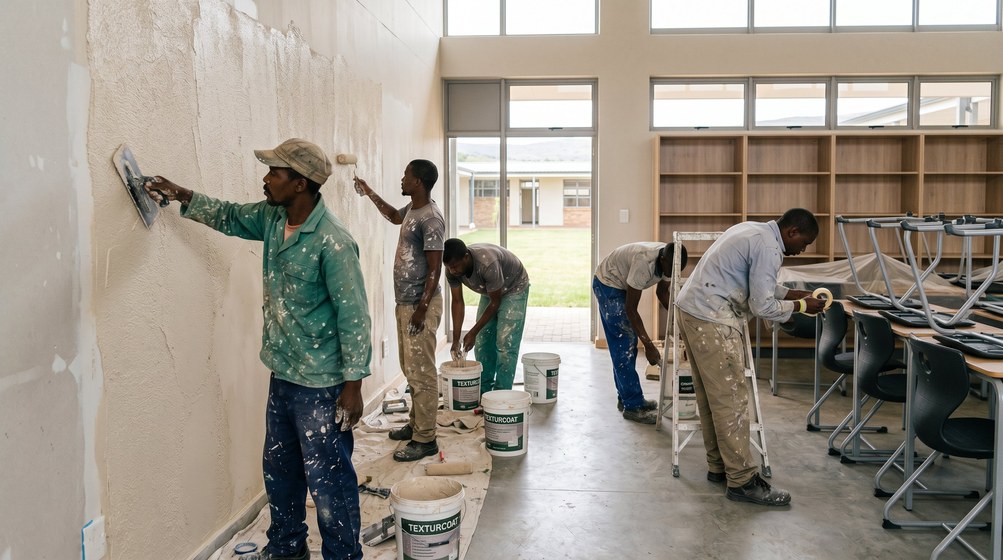 Professional texture coating team applying Texturcoat to interior walls in Big Bay
