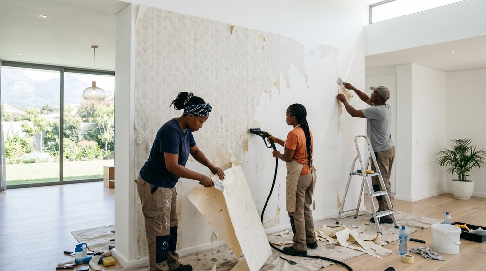 Professional wallpaper removal team stripping old wallpaper in a Big Bay home
