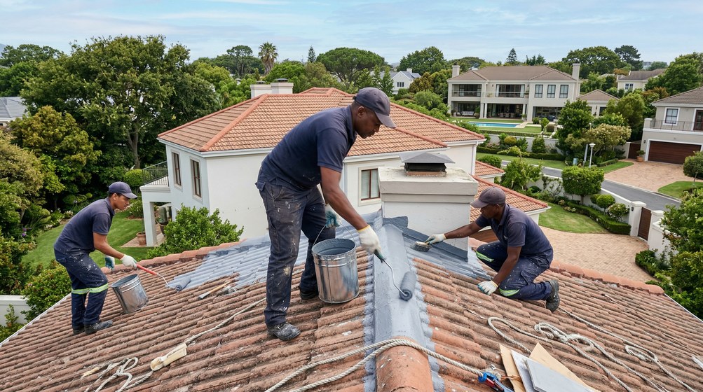 Professional waterproofing team applying membrane to roof in Big Bay