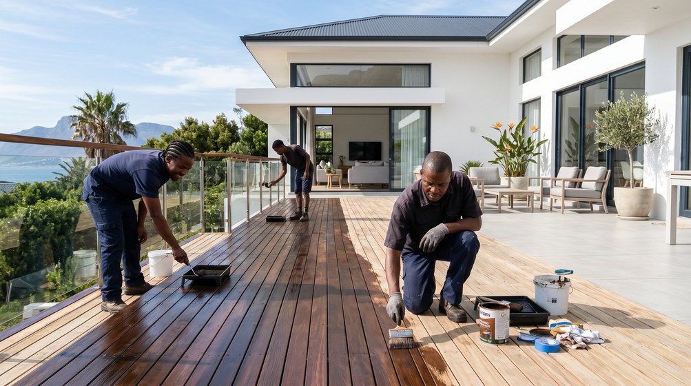Professional wood staining team applying deck stain overlooking the ocean in Big Bay